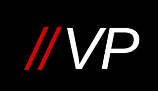 Two red slashes followed by VP text logo on black background